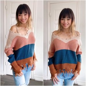 021  Cozy Color Block Distressed Frayed Sweater Top